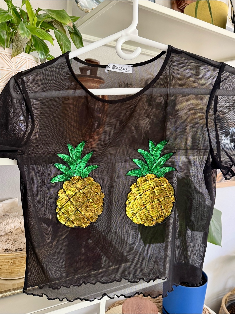 Black Mesh Crop Top with Sequin Pineapples